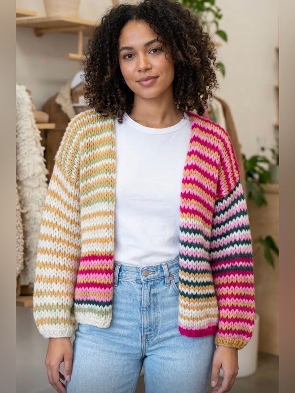 Listicle Multicolor Striped Wrapped Up In Color Knit Crochet Open Cardigan